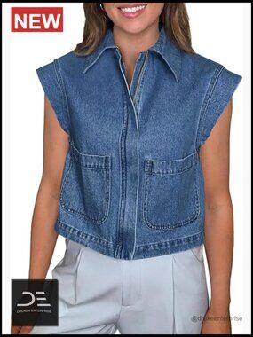 Zip Up Denim Vest Top Cap Sleeve Cropped Jean Vest Jacket Casual Sleeveless